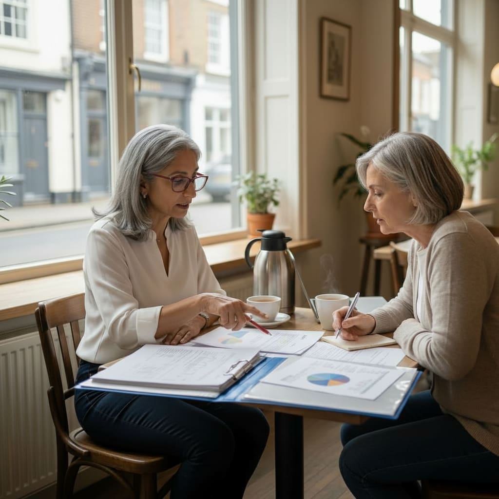 Two people reviewing real estate documents